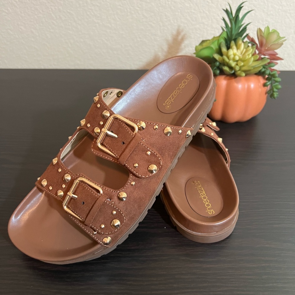 Brown and Gold Studded Sandals 7.5 NEW - Picture 3 of 12